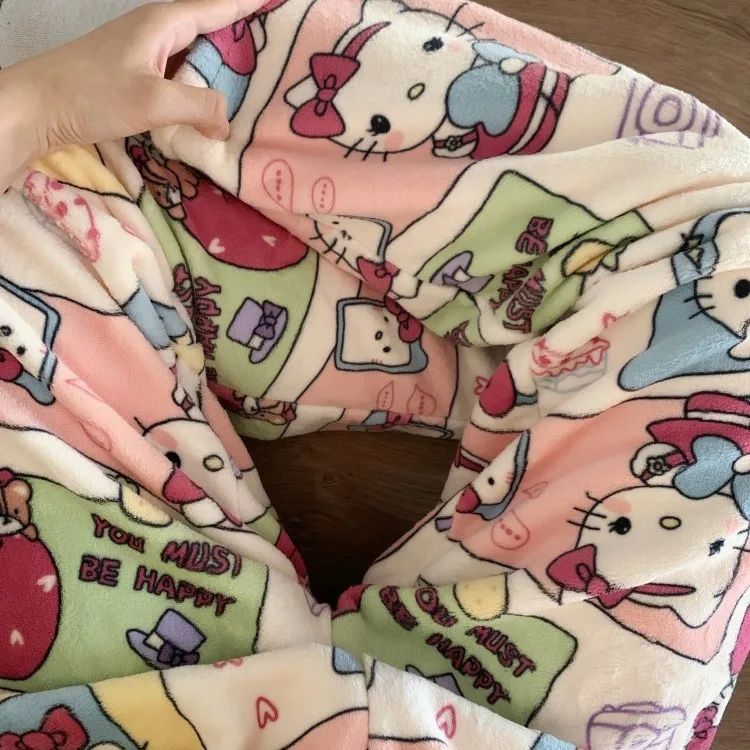 Kawaii Hello Kittys Pajama Pants Sanrioed Anime Trousers Women Autumn Winter Kuromi Cinnamoroll Pants Plus Velvet Warm Girl Home