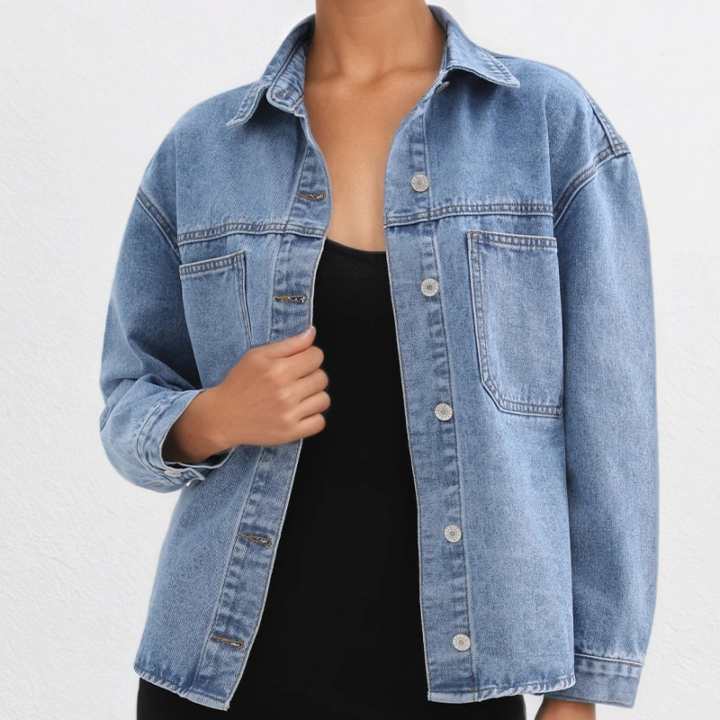 2025 الخريف المرأة كبيرة الحجم غسلها قميص دينيم فضفاض كم طويل عادية زر أسفل بلوزة خمر الأزرق الدنيم للطبقات