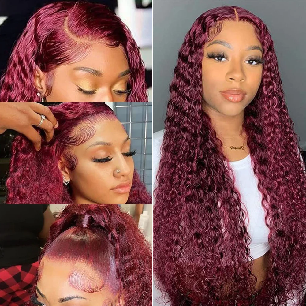 Bordeaux 13x6 HD Kant Frontaal Pruik van echt haar 40 inch Rood Gekleurde Krullende Pruiken 13x4 Hd Kant Water Diepe Golf Frontale Pruik 200 Dichtheid