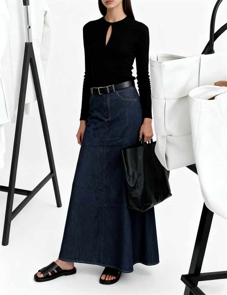UOOZEE Women\'s High Waist A-Line Skirts 2024 New Autumn Fashion  Imitation Denim Solid Color Casual Office Long Skirt Bottoms