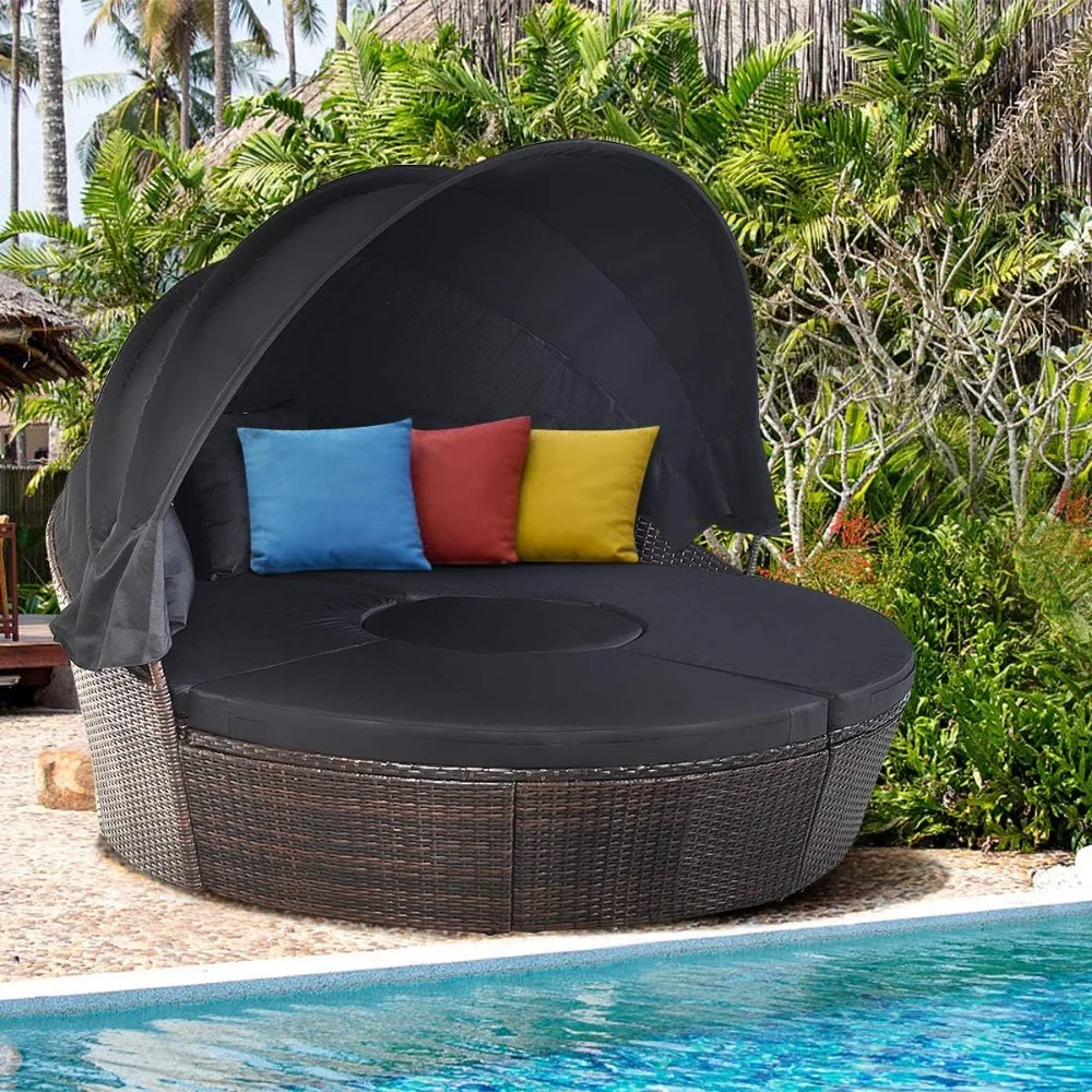 Patio Daybed with Canopy Outdoor Furniture Set Sofa Set Rattan Wicker Round with Soft Cushions Coffee Table for Patio Backyard