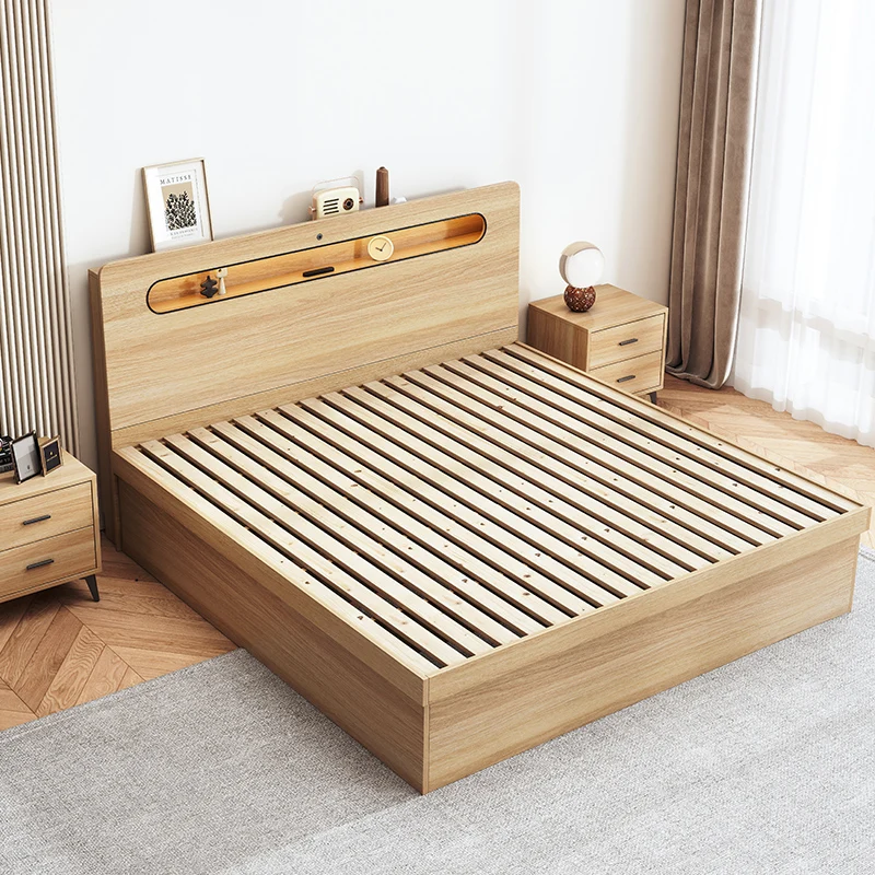 

New solid wood log color ribbon light high box bed 1.2m single 1.5m master bedroom double bed tatami modern simple