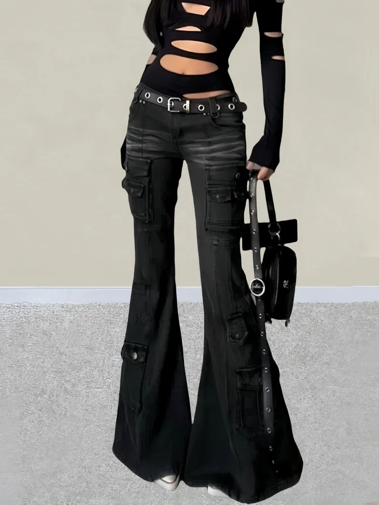 

American Y2K Visual Sle Retro Multi-ket Workwear Denim Pants Women Low Waist Bell Bot Slimming Long Pants Sexy Girl S...