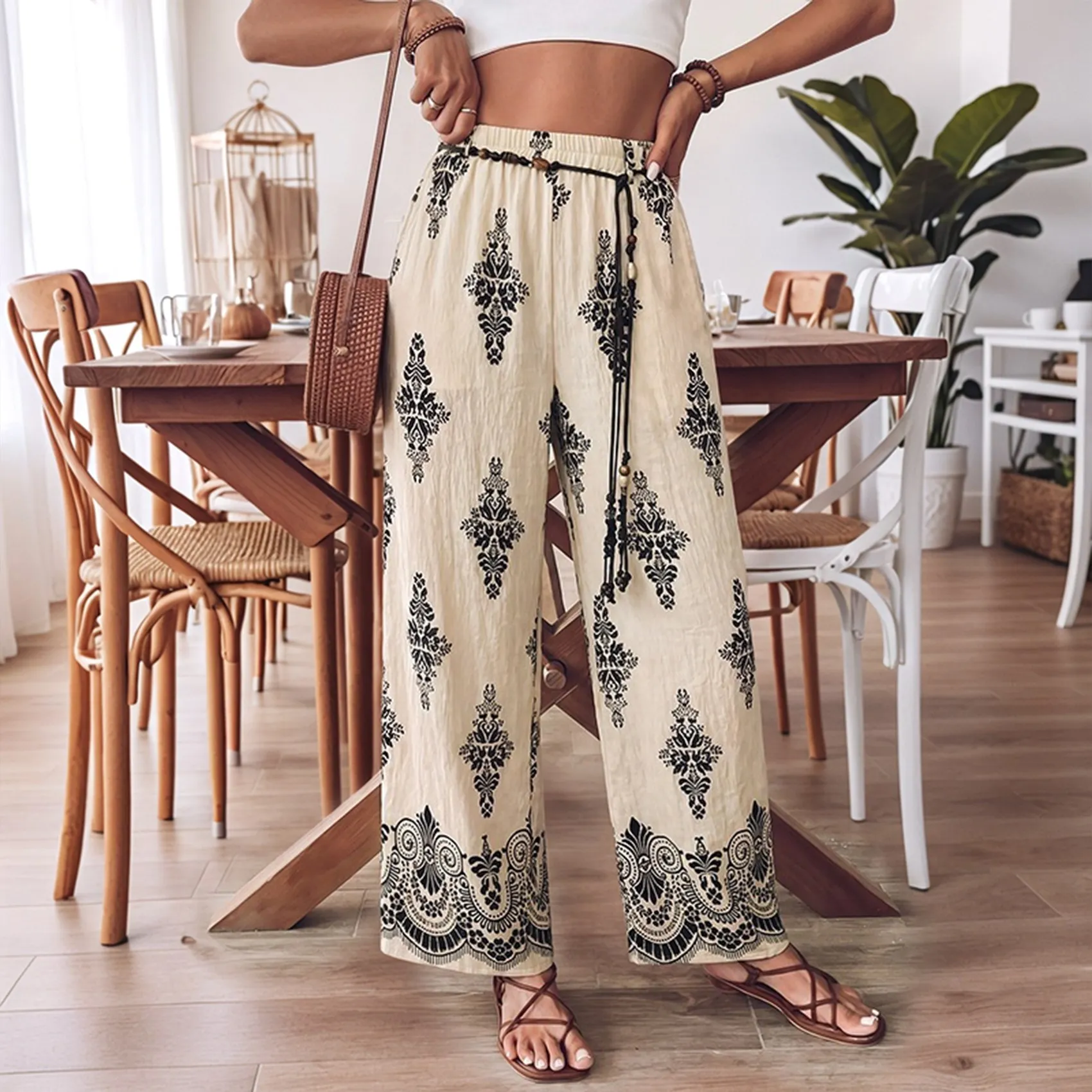 

CYL-Women Wide Leg Pants Flowy Palazzo Elastic Waist Trousers With Pockets Summer Beach Vacation Apricot Color XL