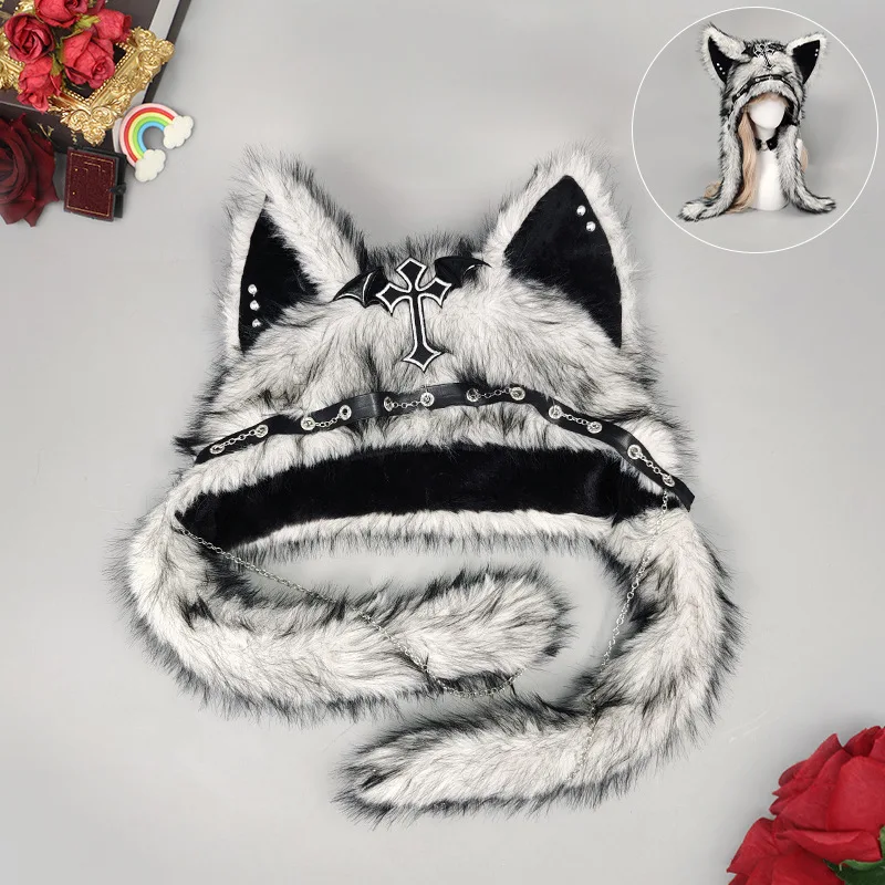 Gothic Punk Cat Ear Hat met kruisvleugelketting Decoratie Pluche warme wintermuts Alternatieve meisjes Y2K Rock Music Festival Party