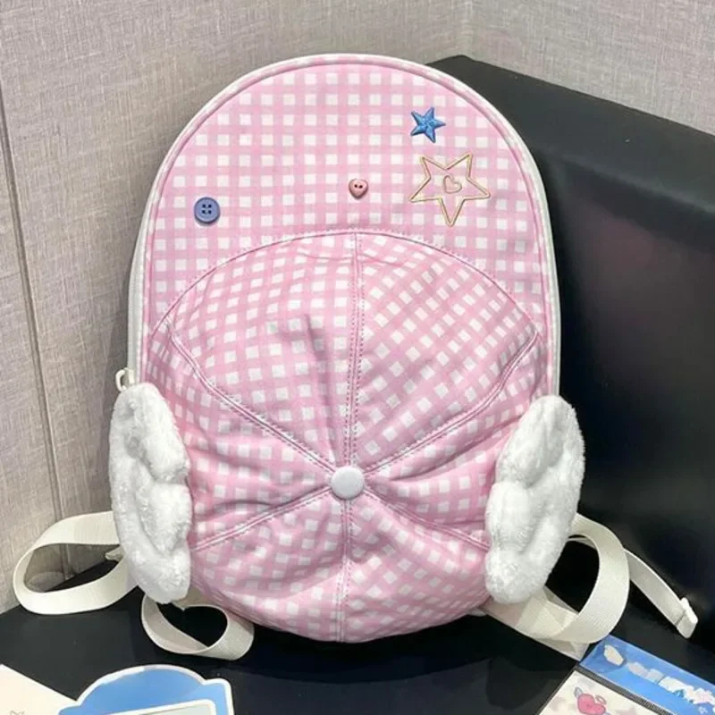 

Contrast Star Plaid School Bag Kawaii Girls Mochila Patchwork Wings Backpack Cute Travel Bags for Woman Personality Sac Femme