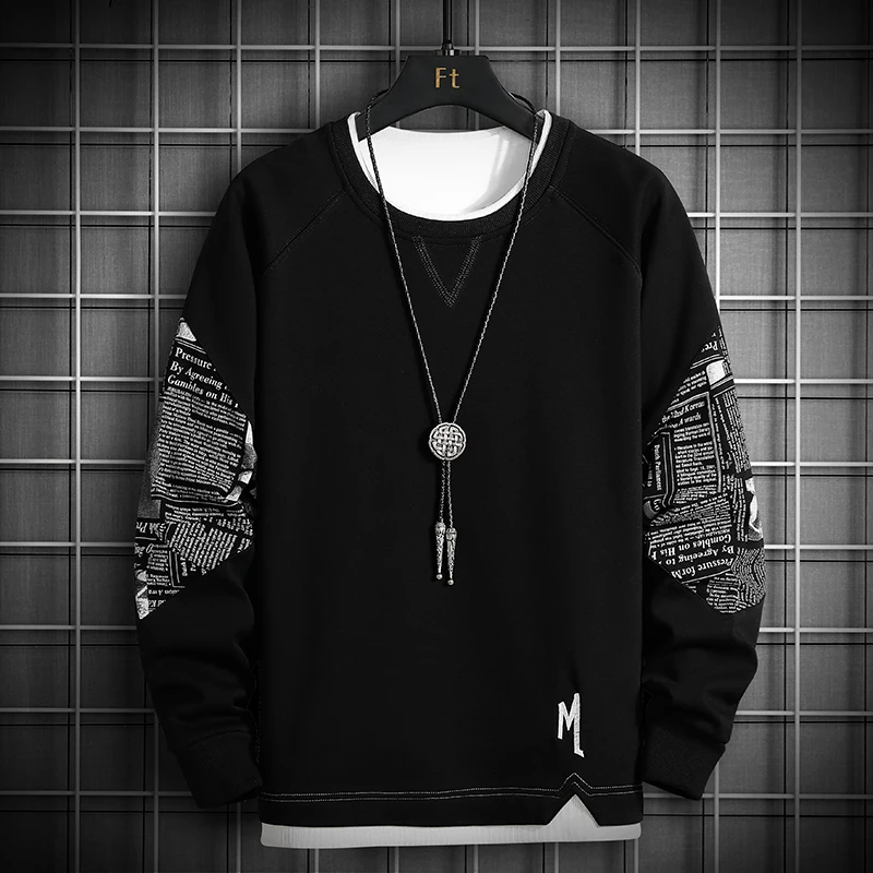 Crewneck Sweatshirt Men 2023 Patchwork Oversized Japanese Streetwear Hip Hop Black Hoodie Men Sweatshirts Hoodies