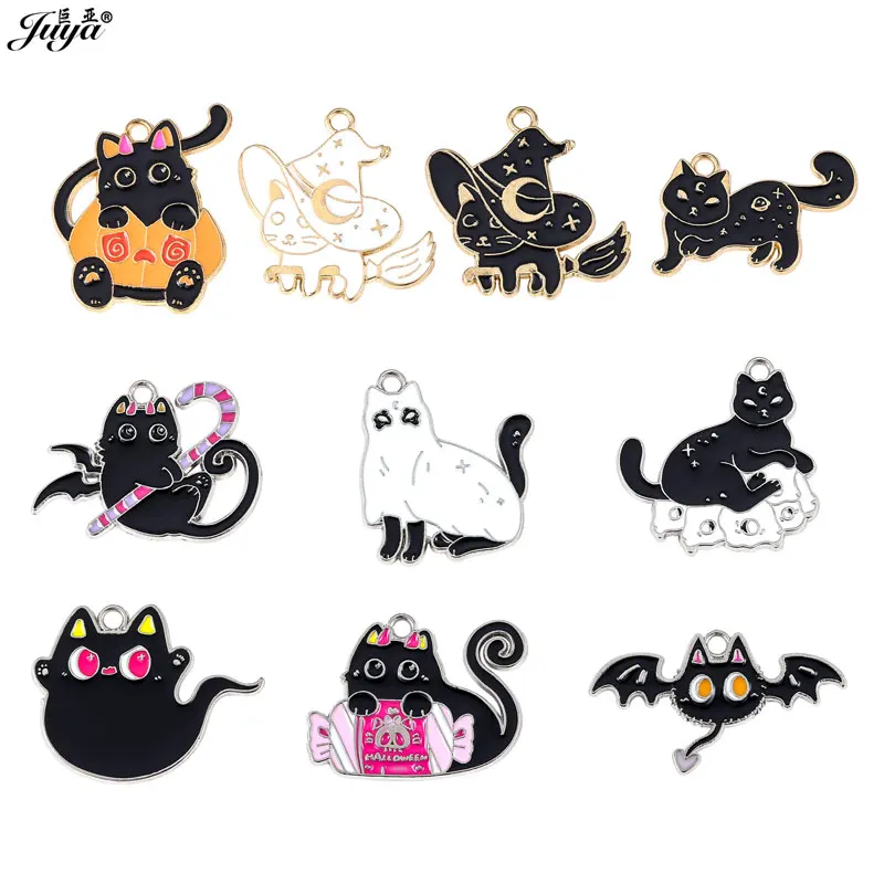 

10pcs/lot New Black Cat Enamel Charms Halloween Pendant For Jewelry Making Accessories DIY Necklaces Supplies