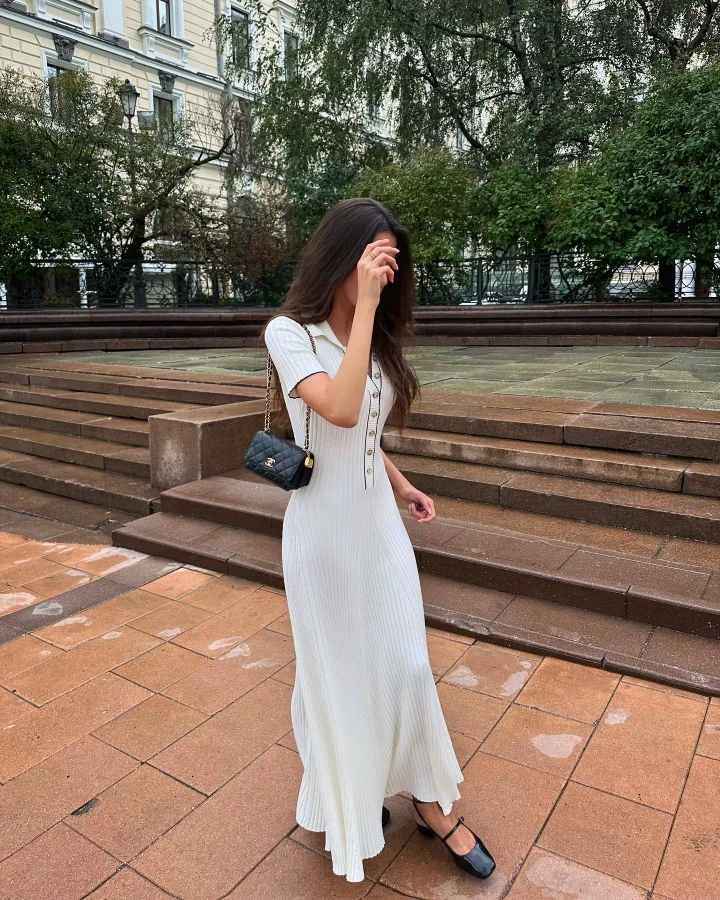 

Elsa New Sle Slim Fit Knitted Dr with Patchwork Color Blo ort Sve V-Ne Long Dr for Women Ele A-Line Skirt