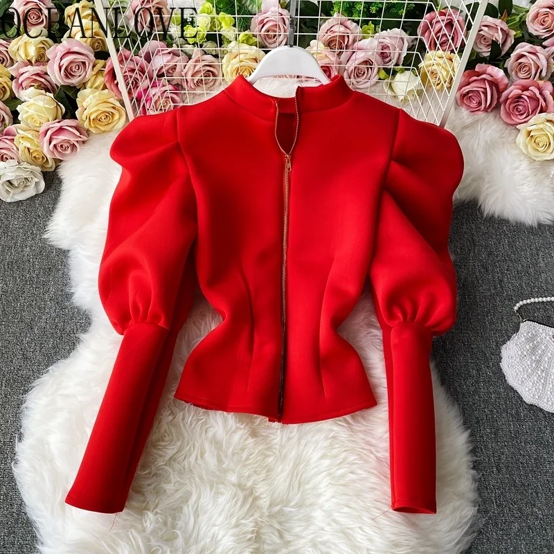 OCEANLOVE Blusas Mujer Solid Stand Collar Puff Sleeve Autumn Ins High Fashion Women Blouses Vintage Korean Elegant Shirts 19024