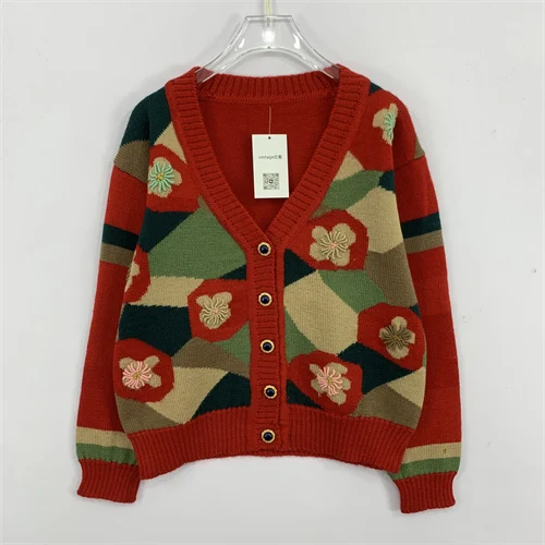 ヴィンテージ風カートゥーンプリントウールセーター カジュアルルーズフィット レディース 秋冬 ファッション 暖かいラウンドネック シングルボタン留めニット...