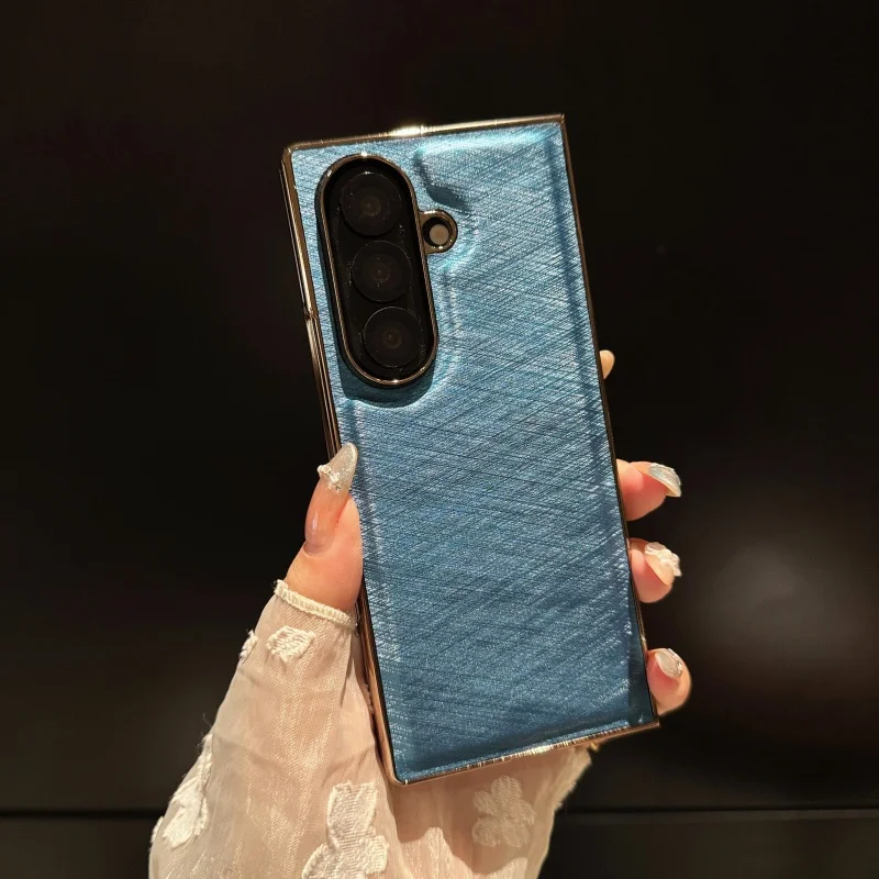 For Samsung Galaxy Z Fold 8 Ultra /7 /6 /5/ 4/ 3 Electroplated PC High-End Leather Texture with Tempered Glass Film Phone Case