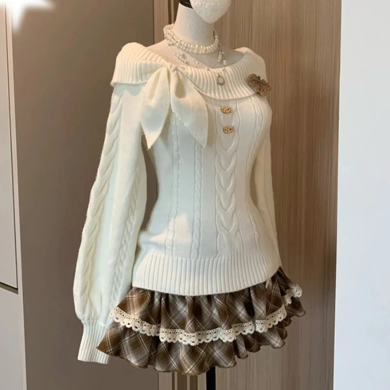 Vintage Sweet Lolita 2-teiliges Set für Damen, japanischer Stil, Schleife, Carmenausschnitt, Strickpullover, karierter Minirock, süßes Y2K-Outfit für Mädchen