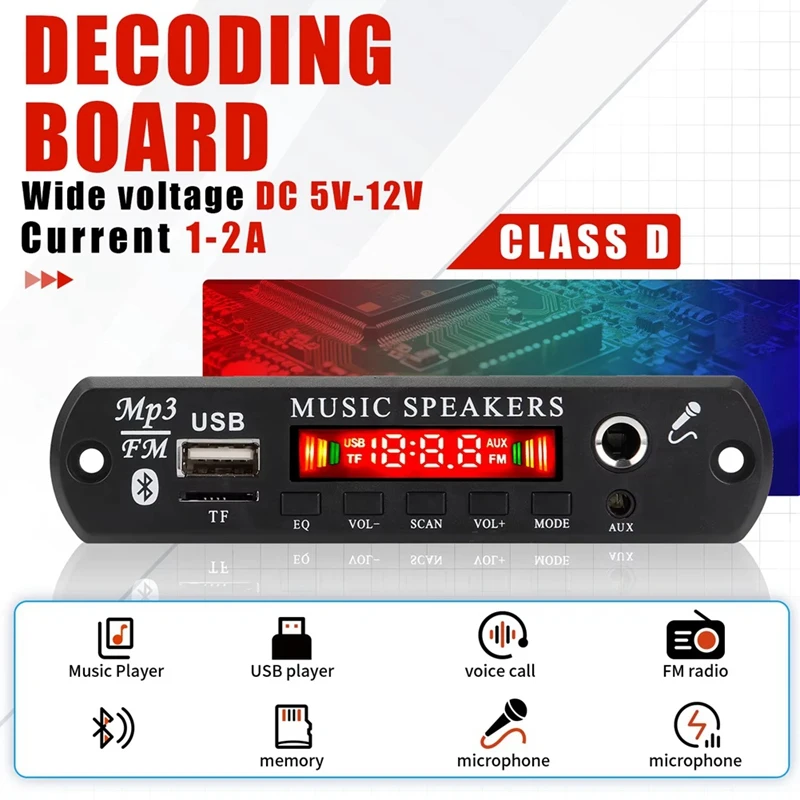 12V MP3 Decoder Board Bluetooth 5.0 Wireless Car Audio Microphone USB TF Radio DIY MP3 Music Player with Remote-DTD2