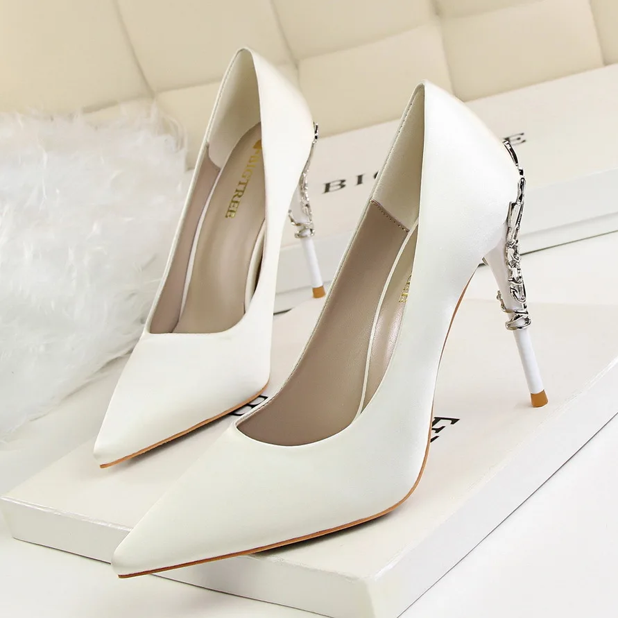 Korean Fashion Sexy Metal Women's Thin High Heel Shallow Mouth Pointed Silk Slim Single Wedding Shoes Women Pumps туфли женские