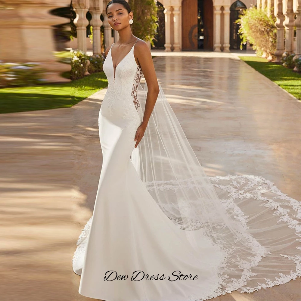 Sexy Deep V-neck Backless Wedding Dress Elegant Satin Mermaid Bridal Gown High Quality Tulle Appliques Customized Robe de mariée image 3
