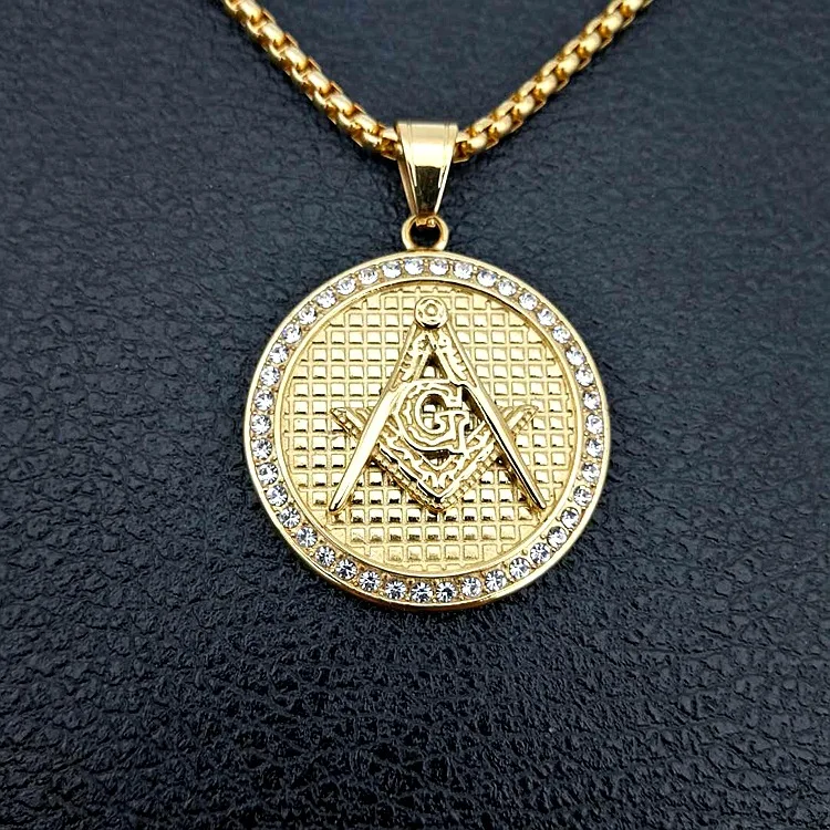 New hip hop gold color Masonic Necklace Freemason 316L stainless steel Freemasonry Sign Pendant Men CZ Accessories