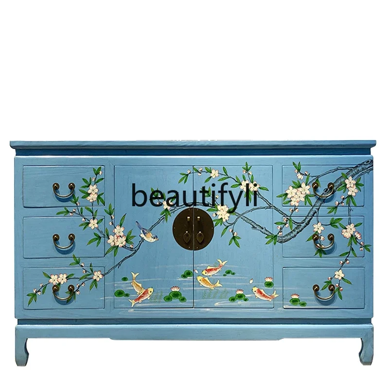 

New Chinese-style dining side household cupboard painted storage living room entrance shoe cabinet solid wood short bookcase