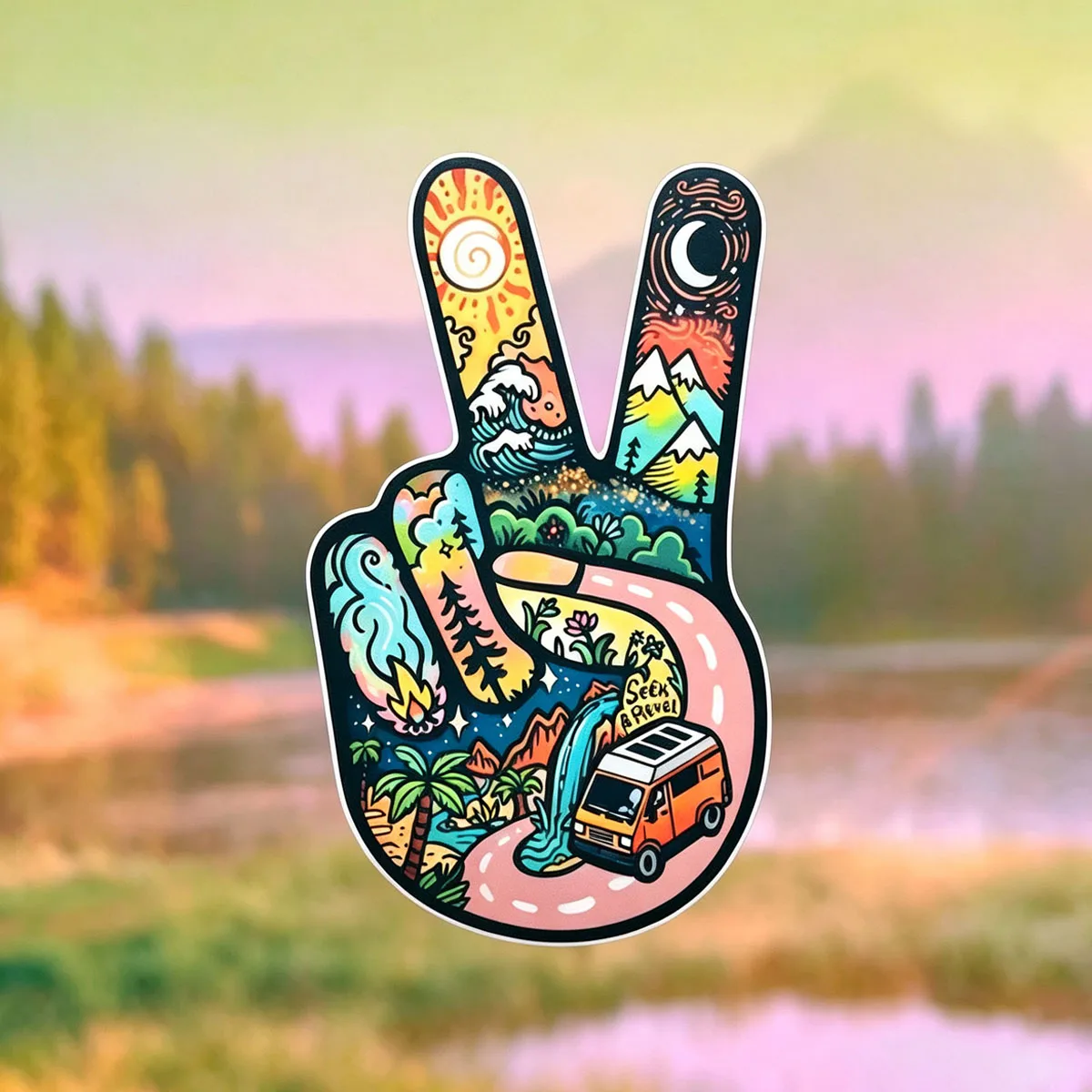 Peace Sign Hand Sticker, Seek Revel Van Life Adventure Decal, Hippie Nature Travel Sun Moon Mountain Camping Sticker
