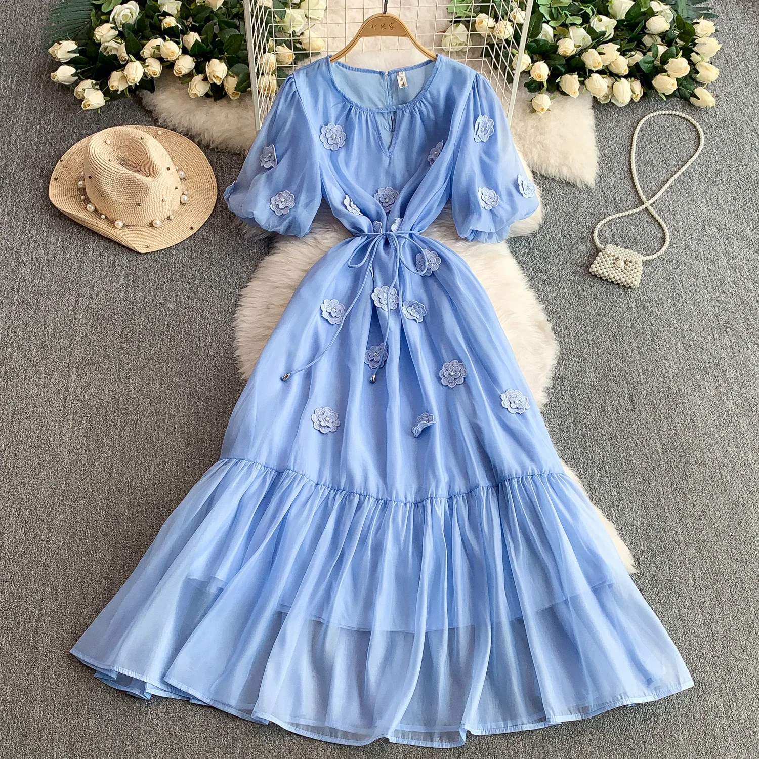 

High Quality Holiday Beaded Appliques Flower Loose Long Dress Women Pearl Lantern Sleeve Lace-up Organza Wedding Party Dress