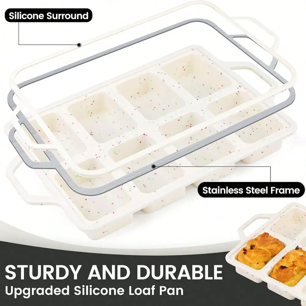 2 Pack Mini Silicone Loaf Pans, 8-Cavity Metal Reinforced Frame Pans | Non-Stick Easy Release Heat Resistant Bakeware, Reusable Small Mini Banana Bread & Cake Baking Pans For Daily Baking