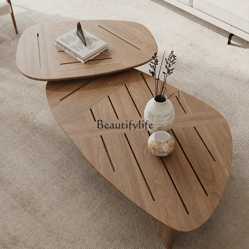 Italian minimalist solid wood hollow coffee table combination living room walnut pattern set