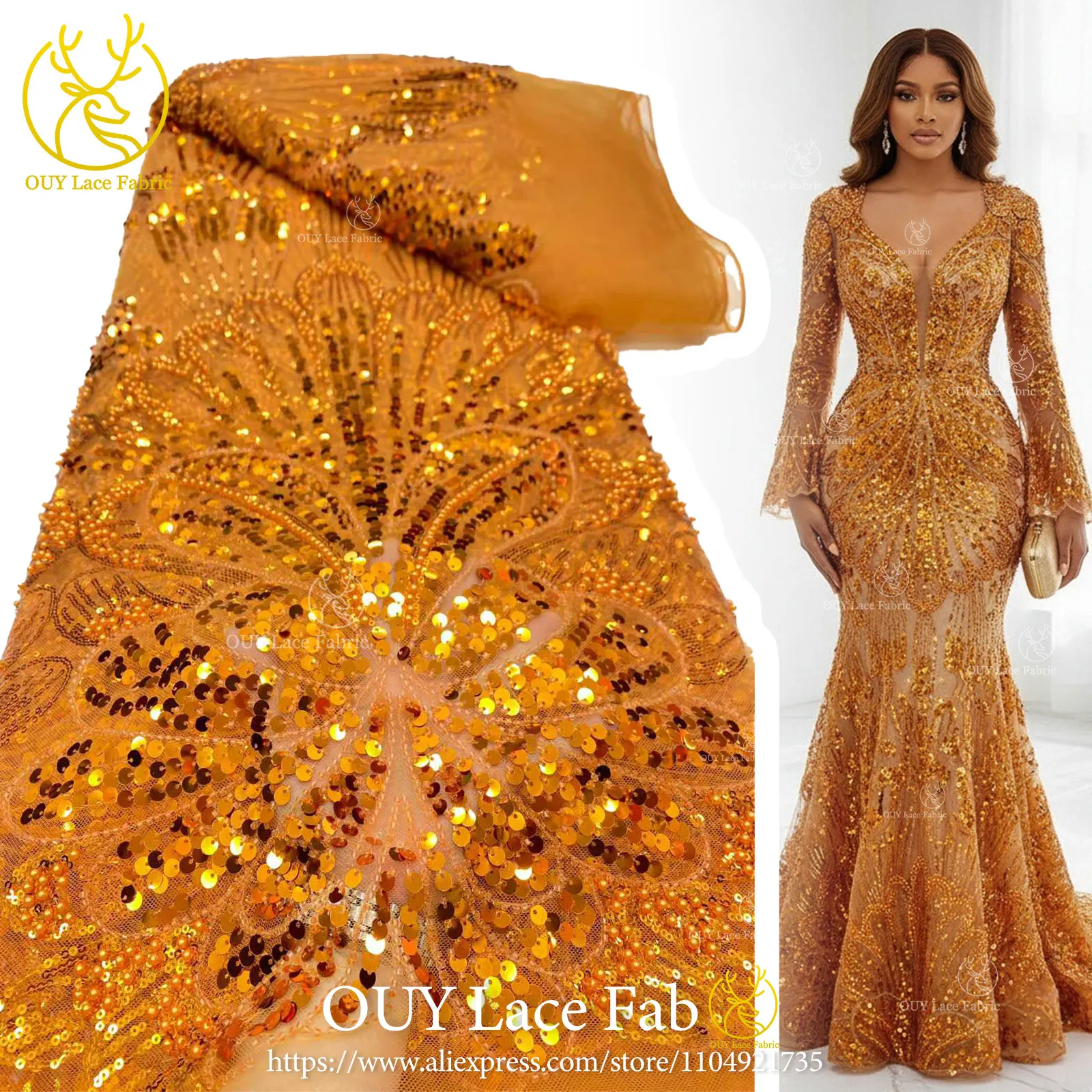

Orange African Bridegroom Embroidered Sequins Beaded Lace Fabric 2026 High-Quality French Tulle Lace Fabric Nigerian Lace Fabric
