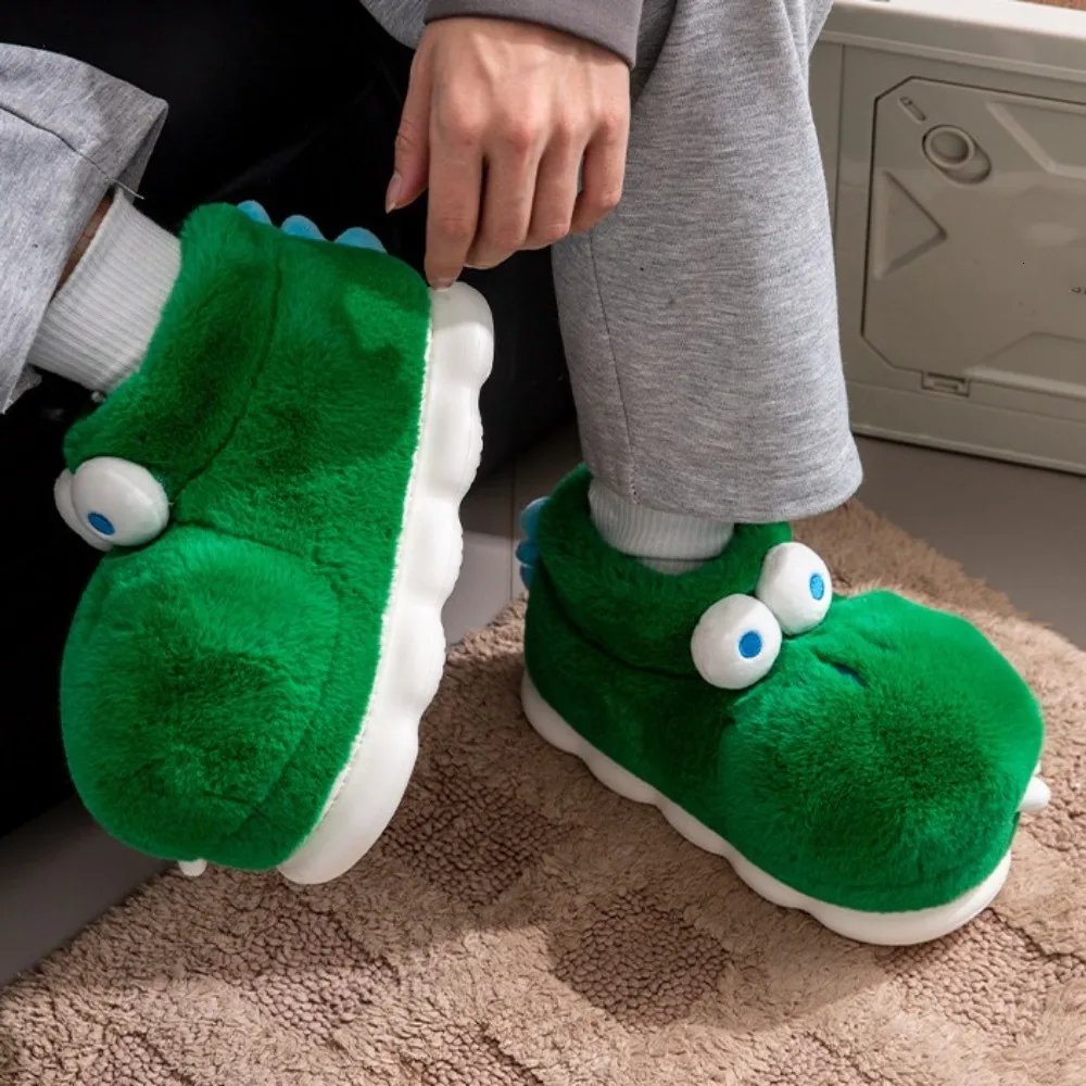 Novelty Crocodile Dinosaur Plush Slippers Green Anti Slip Platform Flat Slippers Homewear Winter Thicken Warm Slippers Couple