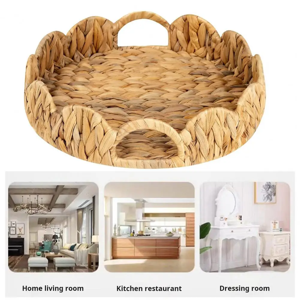 Round Shell-inspired Organizer Scalloped Basket Round Wicker Tray with Handles Seagrass Serving Basket for Home Decor