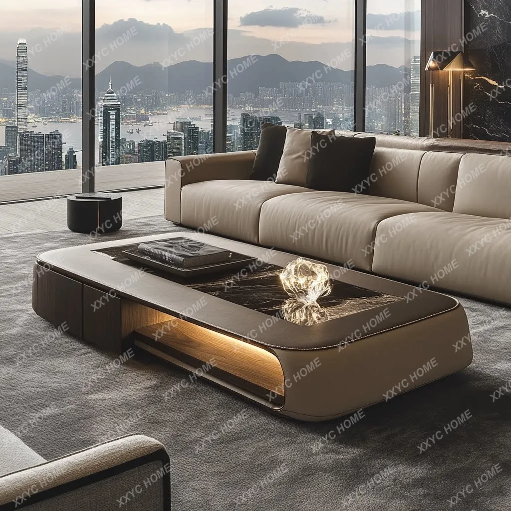 Natural marble luminous coffee table modern creative high-end atmosphere luxury villa living room light luxury long coffee table
