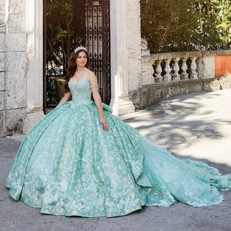 فساتين Quinceanera لامعة باللون الأخضر النعناعي قبالة الكتف الخرز كريستال Wer القوس الحلو 16 Vestidos 15 De الفتيات فستاين سهرة/فساتين الحفلات
