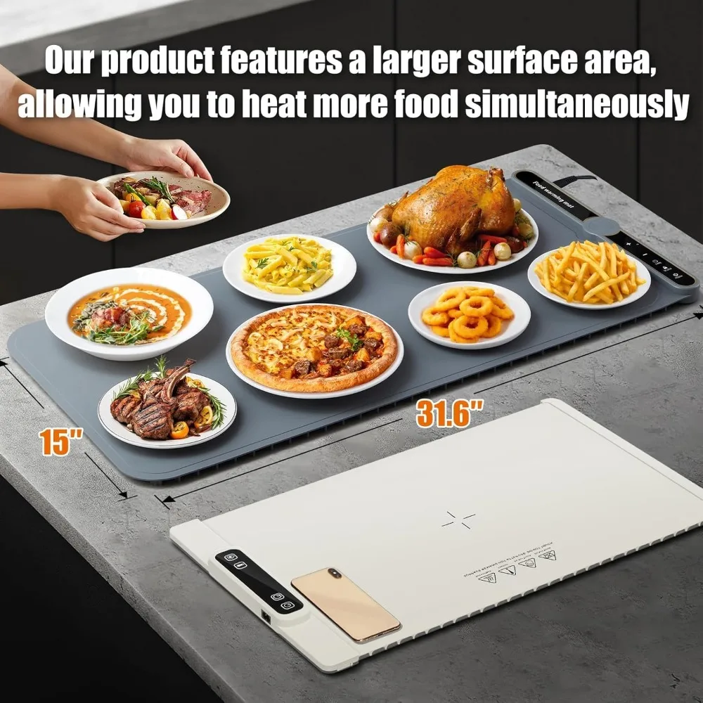 

Foldable Silicone Food Warming Mat Extra Large 15x31.6 Countertop Heating Pad with Timer 9 Temperature Levels for Parties