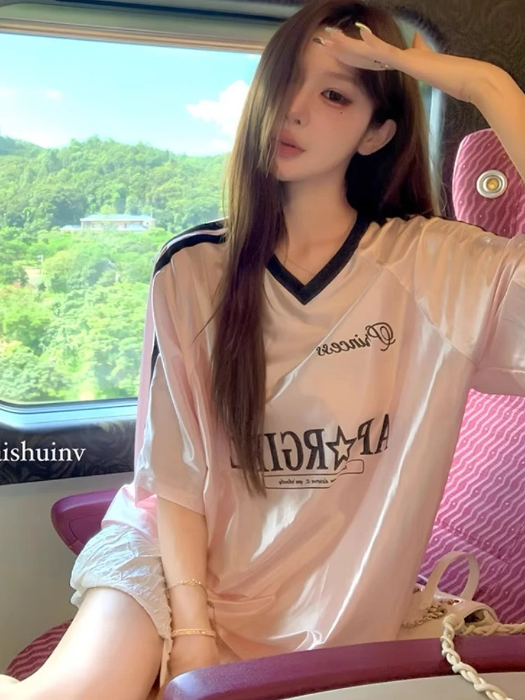 

Women's Summer Pink Short-sleeved T-shirt New Design Sense Loose Slim V-neck Top Street Trend Letter Pattern Short Sleeves