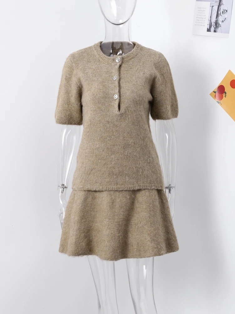 Cozy Knit Two Pieces Set With Mini Skirts Set  Fashion O Neck Half Sleeve Buttons Pullover A-line Skirts Spring Lady Office Suit