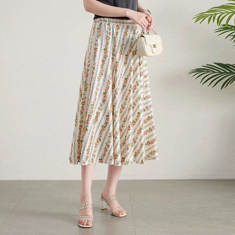 Sommer Seide Blumendruck Midirock Hohe Taille A-Linie Maxikleid Fee T Sensenwirtschaft Seide f-länge Ci Outdoor Sle