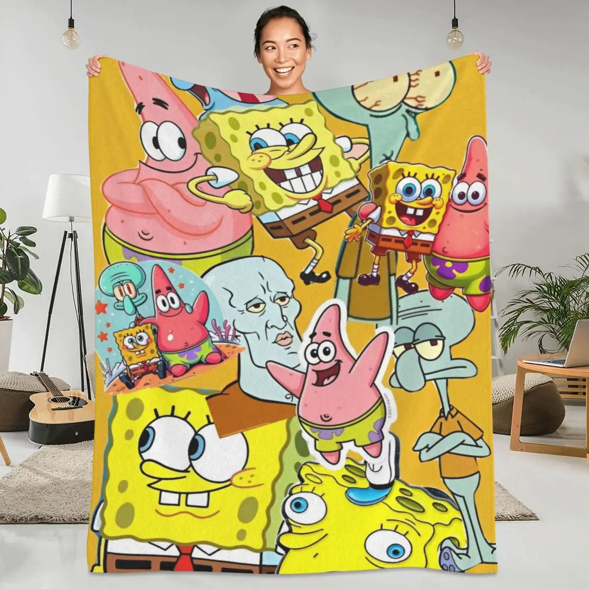 Cartoon Funny S-SpongeBobed Flannel Blanket American Animated Television Throw Blanket for Bed Decorative Bedspread Bed Cover