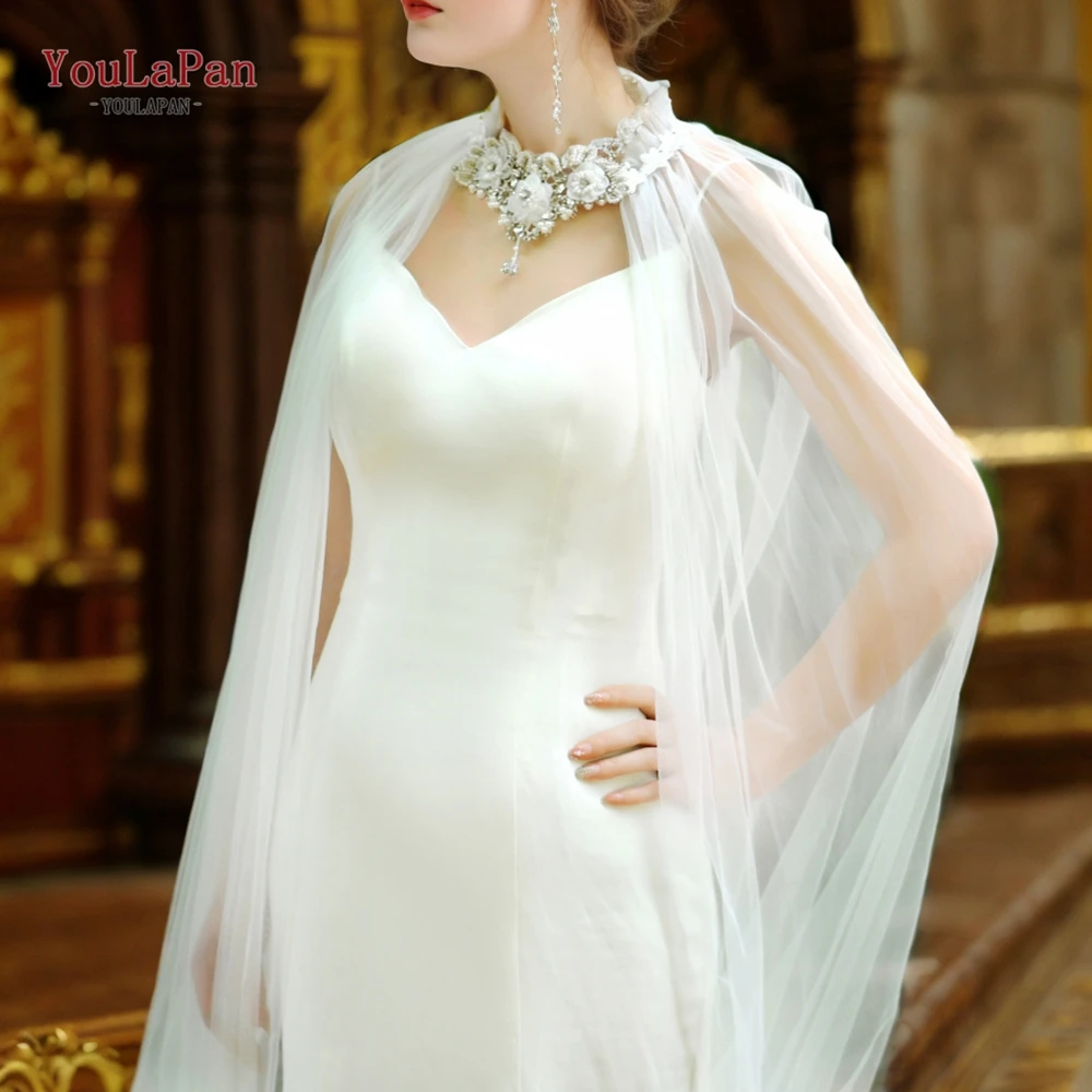 YouLaPan G20 Wedding Cape Jacket Long Flowers Appilqued Bolero with Pearls Rhinestone Long Bridal DIY Shawl Tulle Dress Cape