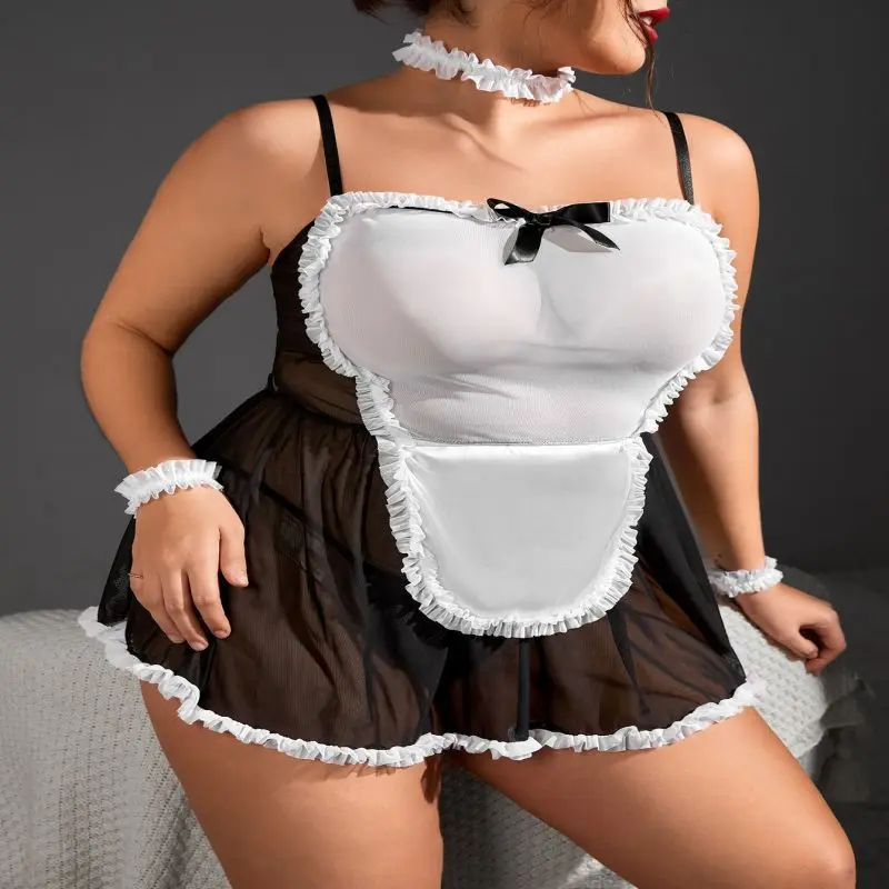 Plus Size Women French Apron Maid Dress Cosplay Sexy Lingerie Costume Servant Dress Uniform See Through Erotic Role Play Exotic