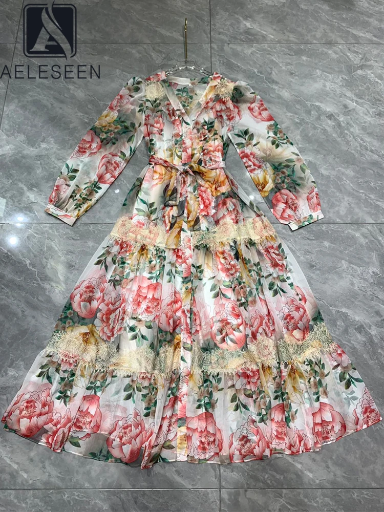 

AELESEEN Bohemian Summer Long Dress Women Designer Fashion Full Sleeve V-Neck Colorful Flower Print Lace Patchwotk Belt Elgant