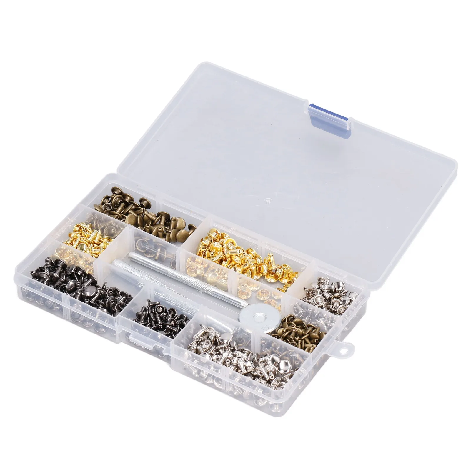240Pcs Leather Rivet Double Caps Tubular 2 Sizes Metal Set Kit with Fixing Tool for DIY