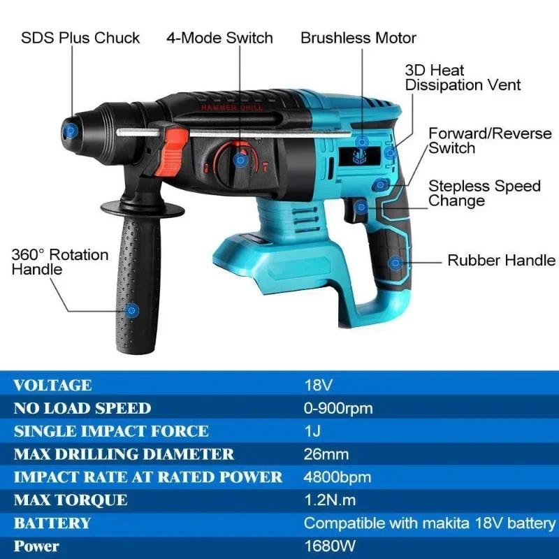 26MM Powerful Brushless Electric Impact Drill Variable Speed Multifunction Rotary Cordless Power Tool for Makita 18V Battery