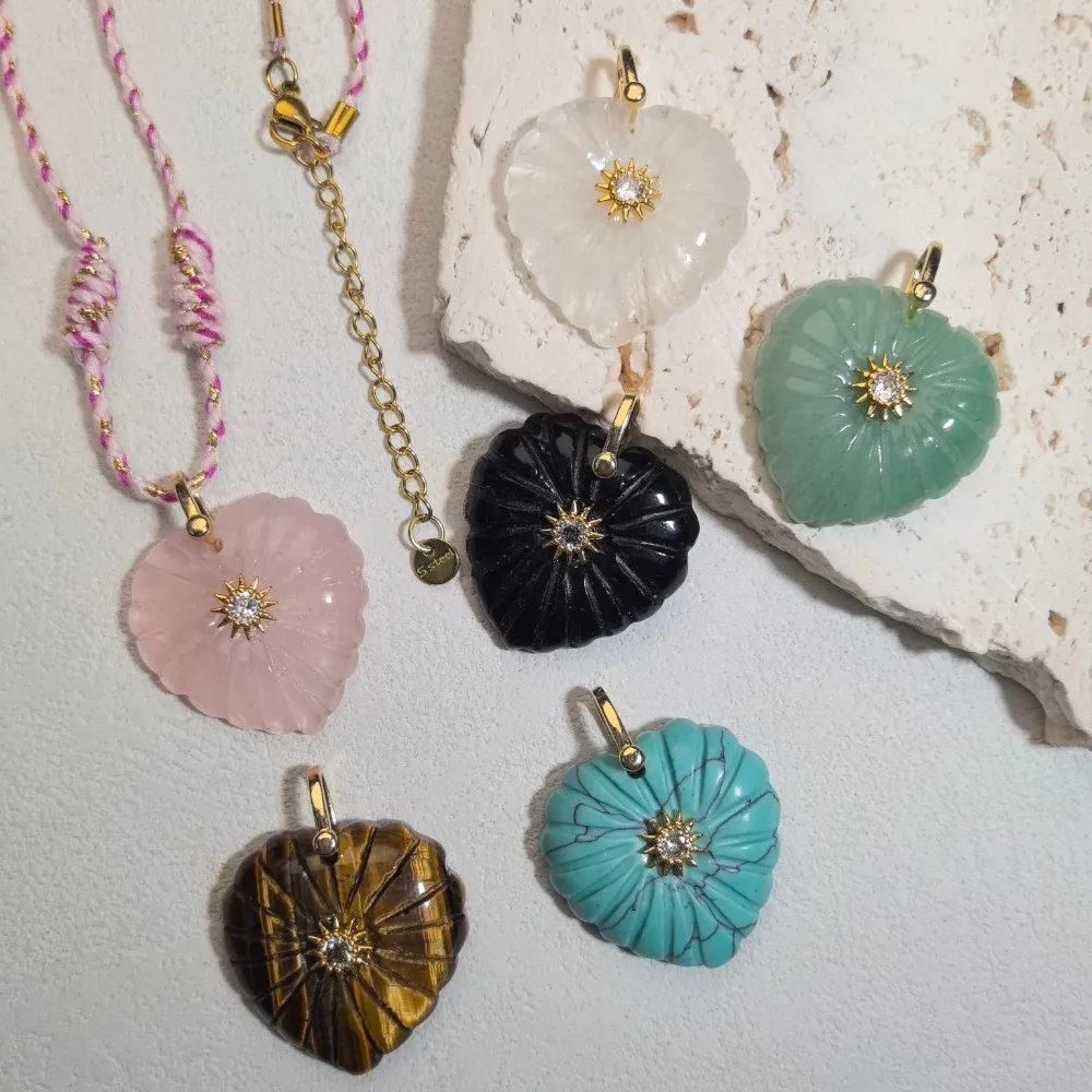 Natural Stone Carved Vintage Large Heart Crystal Agate Inlaid Hexagram Patch Pendant Copper Clasp DIY Necklace Accessories