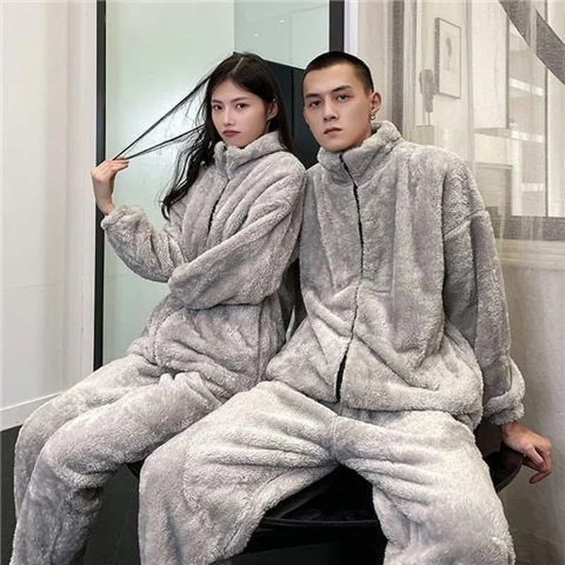 2023 Winter Men\'s Warm Pajama 2Pcs/Set Thick Flannel Pyjama Women Simple Soft Fleece Pyjamas Elastic Waist Couple Sleep Homewear