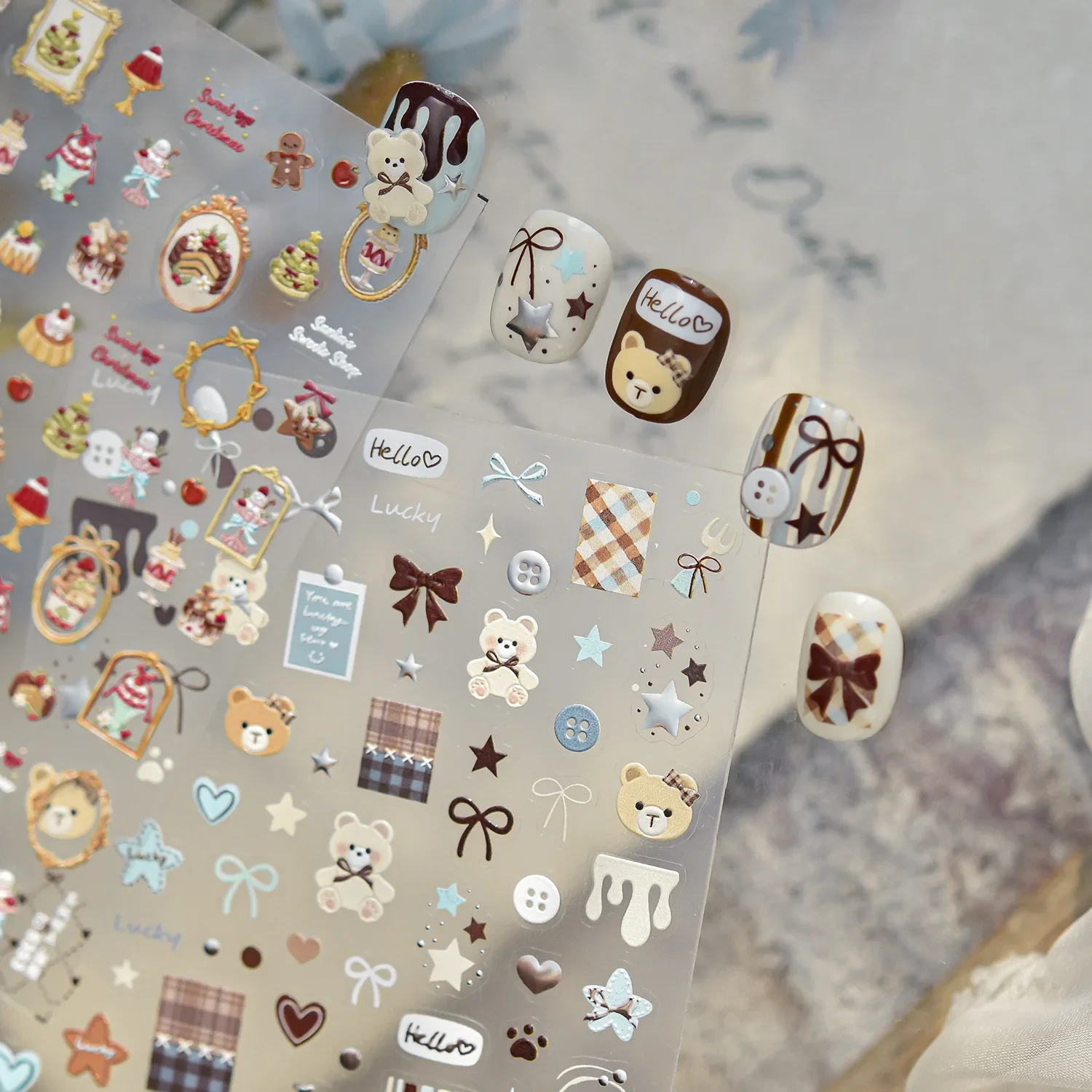 Delicate Bear Star Button Frame Grid Bowknot Cherry Ice Cream Chocolate Cake Art Self Adhesive Nail Art Stickers Manicure Decals