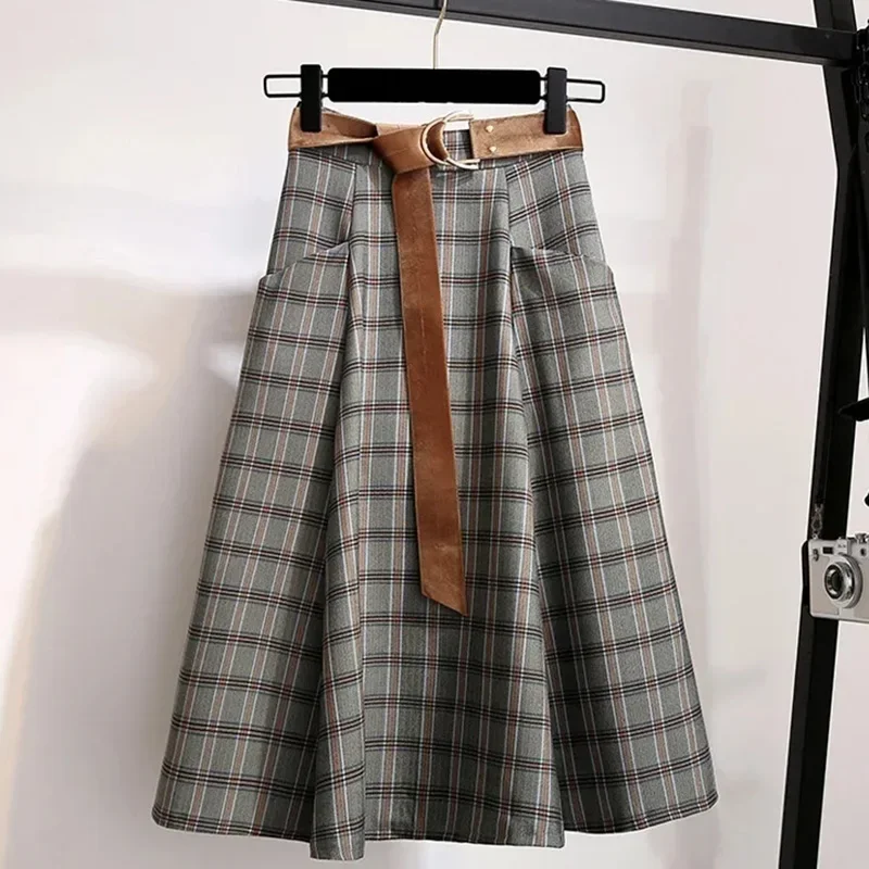 Rok Wanita Plaid Vantage High Waist A-line Longgar Dengan Sabuk dan Saku, Gaya Korea, Panjang Setengah Betis, Musim Semi 2024