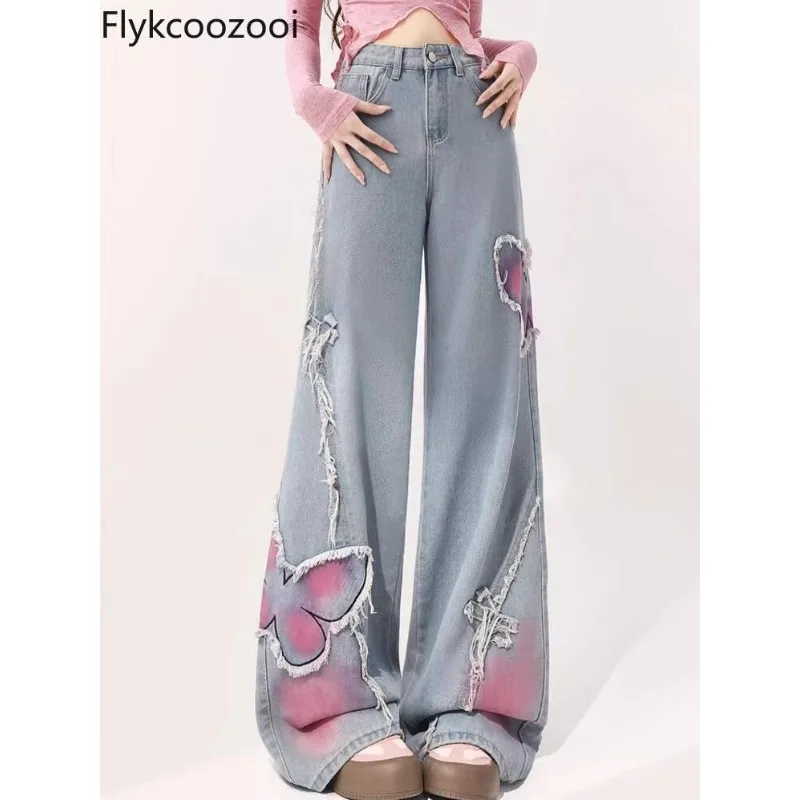 

Y2K Patch Design Bleached High-waisted Jeans Pants Women Deckle-edged Spliced Slimming Wide Leg Denim Pants Girls High Street