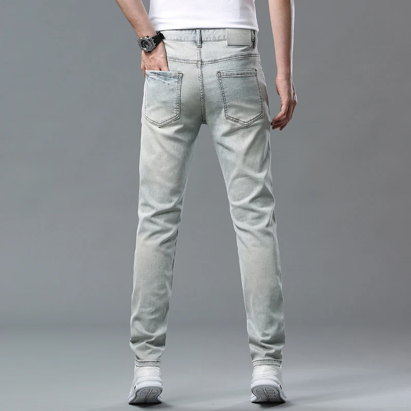 Retro Nostalgic Jeans Men's Summer Thin Ripped Trendy Simple Handsome Street Style All-Matching Slim Fit Skinny Trousers