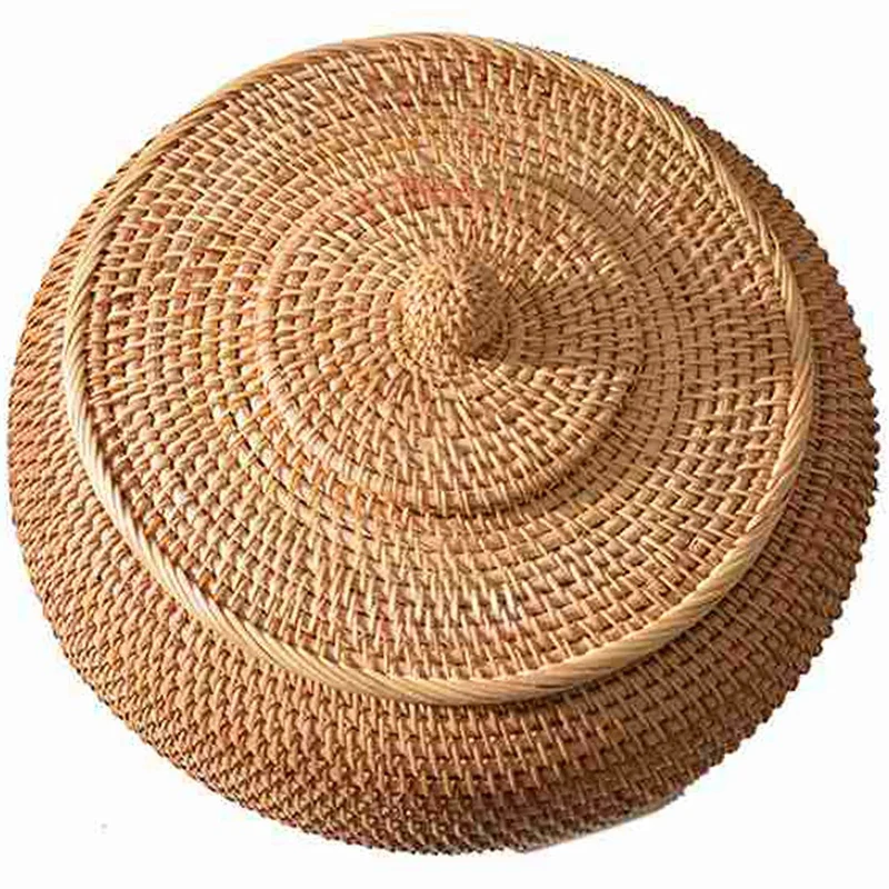 

Round Rattan Boxes With Lid Hand-Woven Multi-Purpose Wicker Tray 11 Inch Picnic Food Bread Table Storage Basket