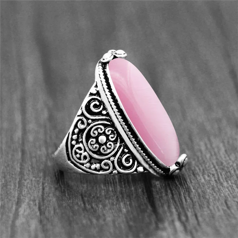 Flower Band Oval Opal Rings For Women Vintage Look Antique Silver Plated Personality Fashion Jewelry