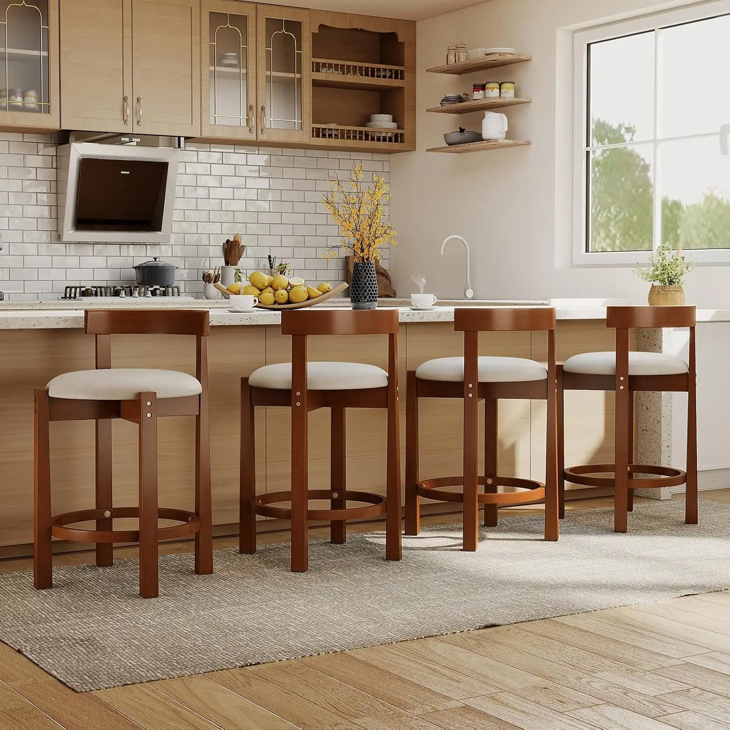 Wooden Counter Stools Set Of 4 With Low Back & Padded Seat, Customized